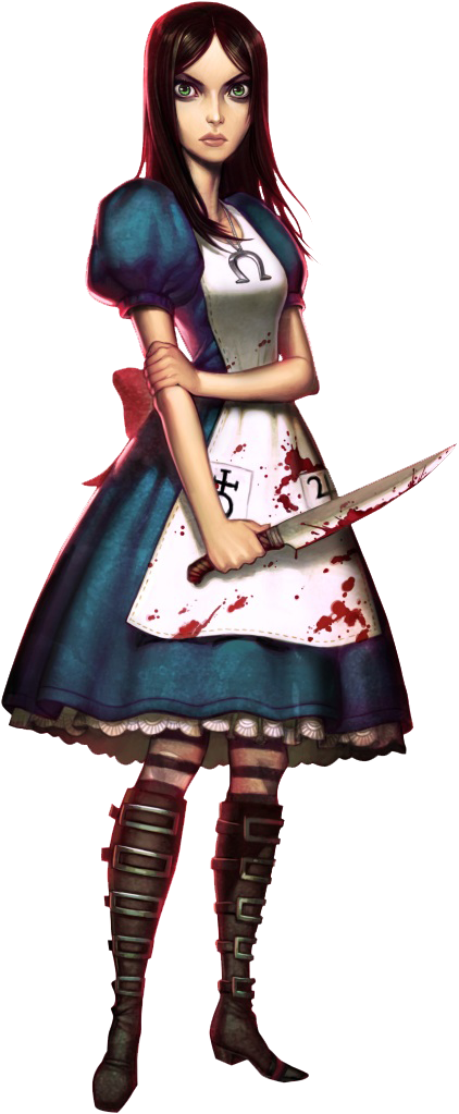 A transparent PNG of Alice from Alice: Madness Returns. She is facing forwards and clutching her left arm that is holding a knife