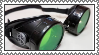 A stamp of a pair of black goggles with a green lense tint